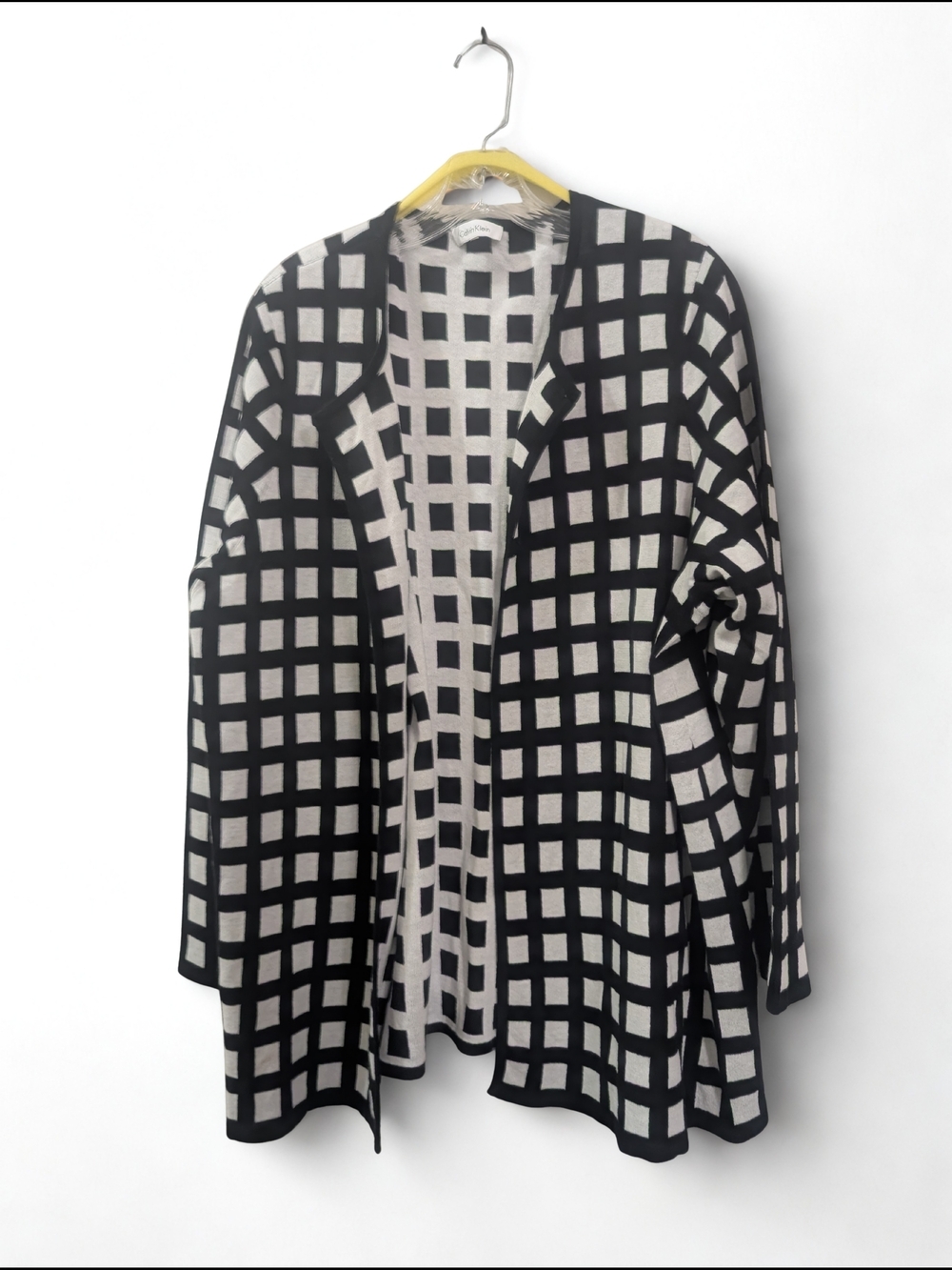 Calvin Klein Black and Cream Windowpane Knit Cardigan